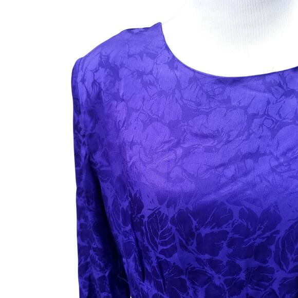 Vintage Flora Kung II New York Blue Floral Silk Dress Long Sleeve Back Zip Sz 8 - Picture 2 of 16